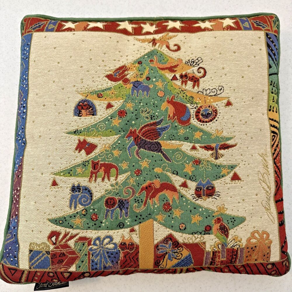 Laurel Birch Tapestry Christmas Pillow Holiday Christmas Tree Cats 17" x 17"
